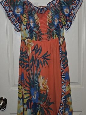 Jealous Tomato Orange Floral Maxi Dress with Blue & Green Accents
